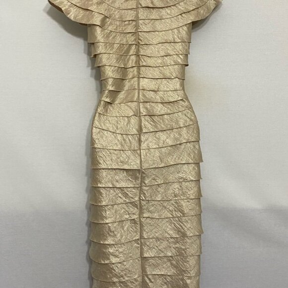 A-98 London Times Cream & Gold Ruffled Short Sleeve Tea Length Dress Size 12 - Picture 8 of 15
